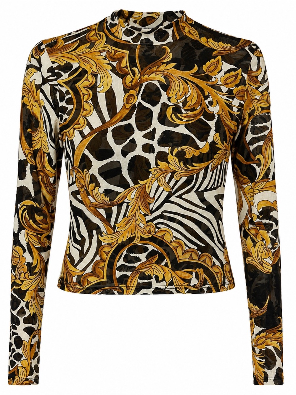 Printed Long-Sleeve Mock Neck Top in Gold & Black